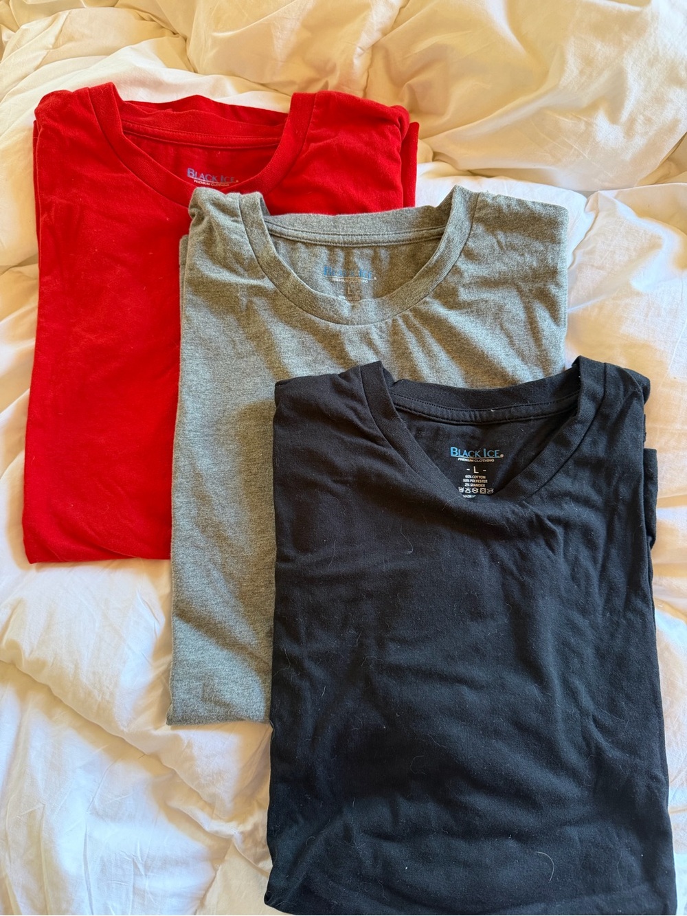 3 tees: Black Ice Crewneck T-Shirts - Black, Gray, Red - Pack of 3. NWOT.